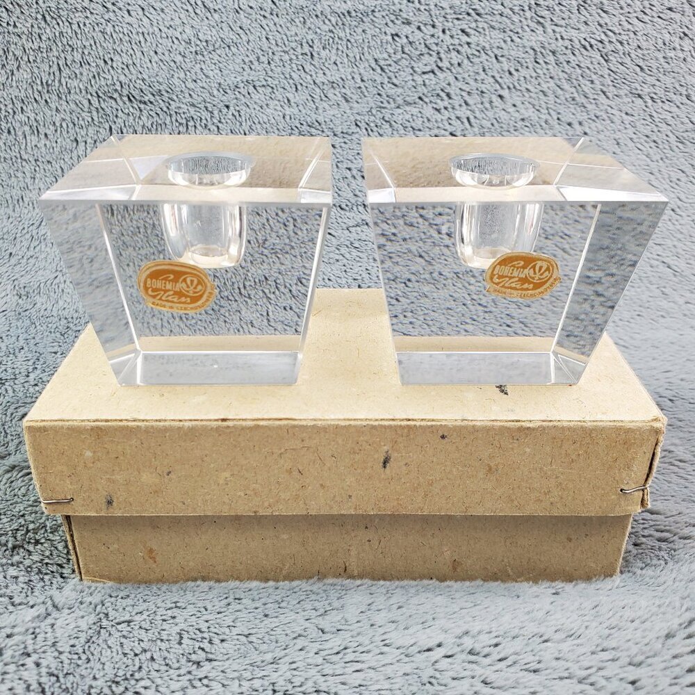 Bohemia Glass MCM VTG Czechoslovakia Crystal Candle Stick Holders Pair Orig. Box